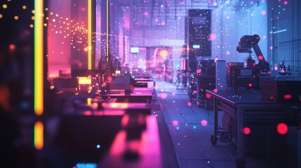 Poster - Robotic arms are working in a modern high tech futuristic research laboratory, manipulating objects and performing automated tasks with precision and efficiency in a neon lit environment