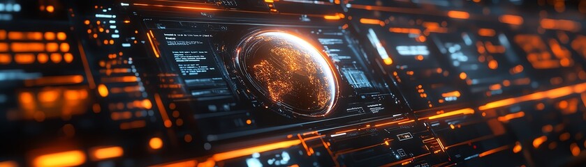 Poster - Digital interface with holographic 3D globe, orange highlight accents, futuristic technology and design, sleek and modern, ultraHD details