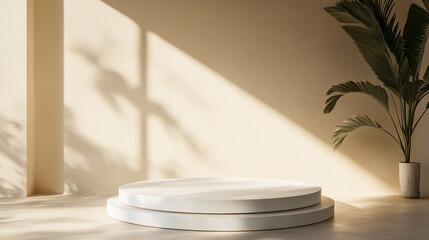 Poster - Modern white podium with tropical plant and natural shadows for product display or showcase