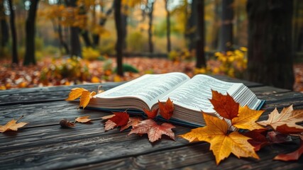 Wall Mural - An open Bible resting on a weathered wooden table surrounded by fallen leaves in a serene autumn forest setting, autumn, spirituality, scripture