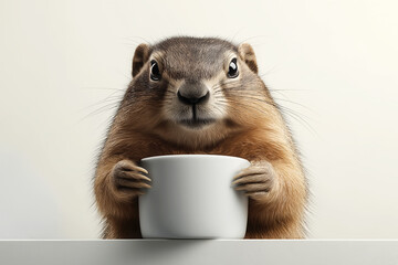 Groundhog holding mug on neutral background