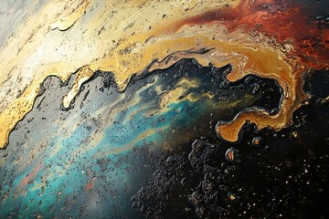  Close-up of spreading oil texture, with glossy, reflective surfaces and organic patterns, creating a dynamic, fluid design.