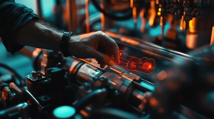 Poster - Engineer is holding a futuristic, virtual, glowing red engine component while working in a modern, high tech factory setting, showcasing innovative technology and industrial design