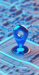 Fototapete - Blue 3D map pin on abstract city map background symbolizing navigation and location tracking
