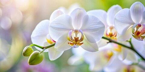 Close-up of a white orchid's intricate details and vibrant colors, color, petal, white, orchid