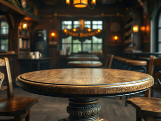 Wall Mural - Close-up of a wooden round table with blurred pub background, wooden, blurred