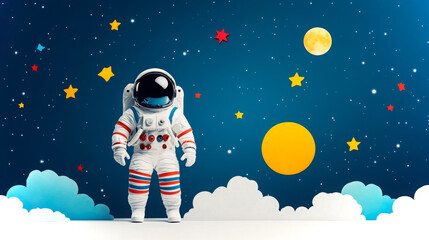 Poster - Astronaut climbs stairs surrounded by stars and celestial bodies in a vibrant atmosphere