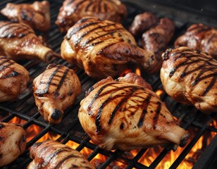 Wall Mural - Charcoal grill with charcoal and grill marks on chicken, BBQ grill, charcoal fuel, rustic kitchen setup