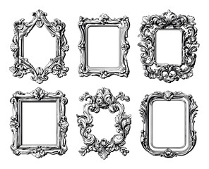 Wall Mural - antique carved frames hand drawn illustrations set on white background unique artwork creative desig