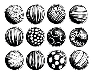 Wall Mural - Balls With Various Ornaments Hand Drawn Illustrations Set On White Background Unique Artwork Creative Design Ornament Icons Festive Decorations Collection Artistic Modern Graphics