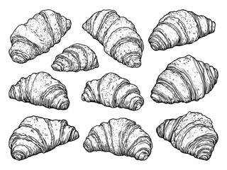 Wall Mural - Croissants Hand Drawn Illustrations Set On White Background Unique Artwork Creative Design Pastry Icons Bakery Collection Artistic Visuals Modern Graphics Hand-Drawn Fresh Baked