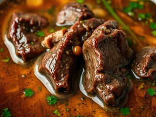 Wall Mural - Close-up of beef short ribs in a flavorful broth, tender meat, red wine sauce