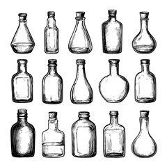Wall Mural - empty glass bottles hand drawn illustrations set on white background unique artwork creative design 