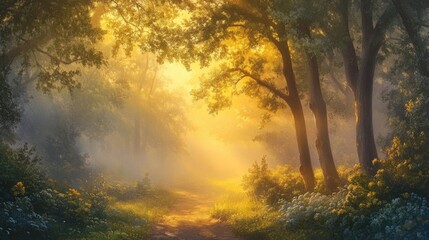 Poster - Morning sunlight filters through fog in a serene forest, illuminating a tranquil path and evoking feelings of hope and renewal.