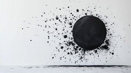 Poster - Minimalist abstract white wall with black paint splatter and circle design perfect for product display and modern artistic backgrounds