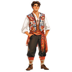 Wall Mural - A male cartoon character dressed in traditional Apulian attire, featuring a colorful vest, embroidered shirt, and trousers