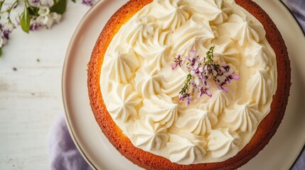 Poster - Homemade golden sponge cake with creamy white cream cheese frosting adorned with delicate purple flowers on a pastel plate.