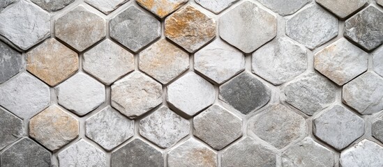 Poster - hexagonal natural stone panel background in gray and beige tones with text space for branding in mod
