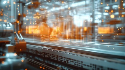 Poster - Futuristic automated assembly line in a factory setting using augmented reality interface displaying data analysis and performance metrics, enhancing efficiency and productivity