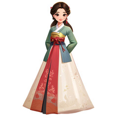 Wall Mural - A female cartoon character in a traditional Korean hanbok, with a long jeogori and a layered chima