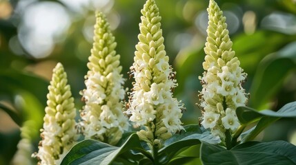 Poster - phytolacca acinosa flower cluster in a lush garden setting with selective focus and soft background 