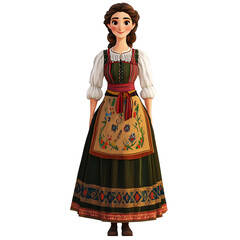 Wall Mural - A female cartoon character wearing a traditional Umbrian folk costume, with a detailed bodice, full skirt