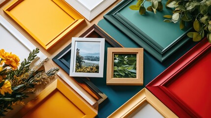 Poster - Vibrant Color Palette for Home Interior Design Featuring Framed Pictures and Decorative Elements