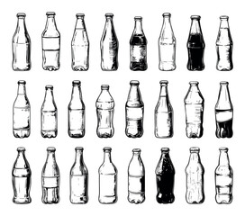 Wall Mural - glass soda bottles with empty labels hand drawn illustrations set on white unique creative design be