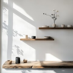 Poster - Minimalist white wall with wooden shelves displaying decorative items and plants, natural light casting soft shadows, modern interior design setting.