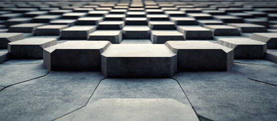 Poster - Geometric Hexagonal Stone Tiles in an Empty Amphitheater with Textured Relief and Wide Angle Perspective in Soft Earth Tones