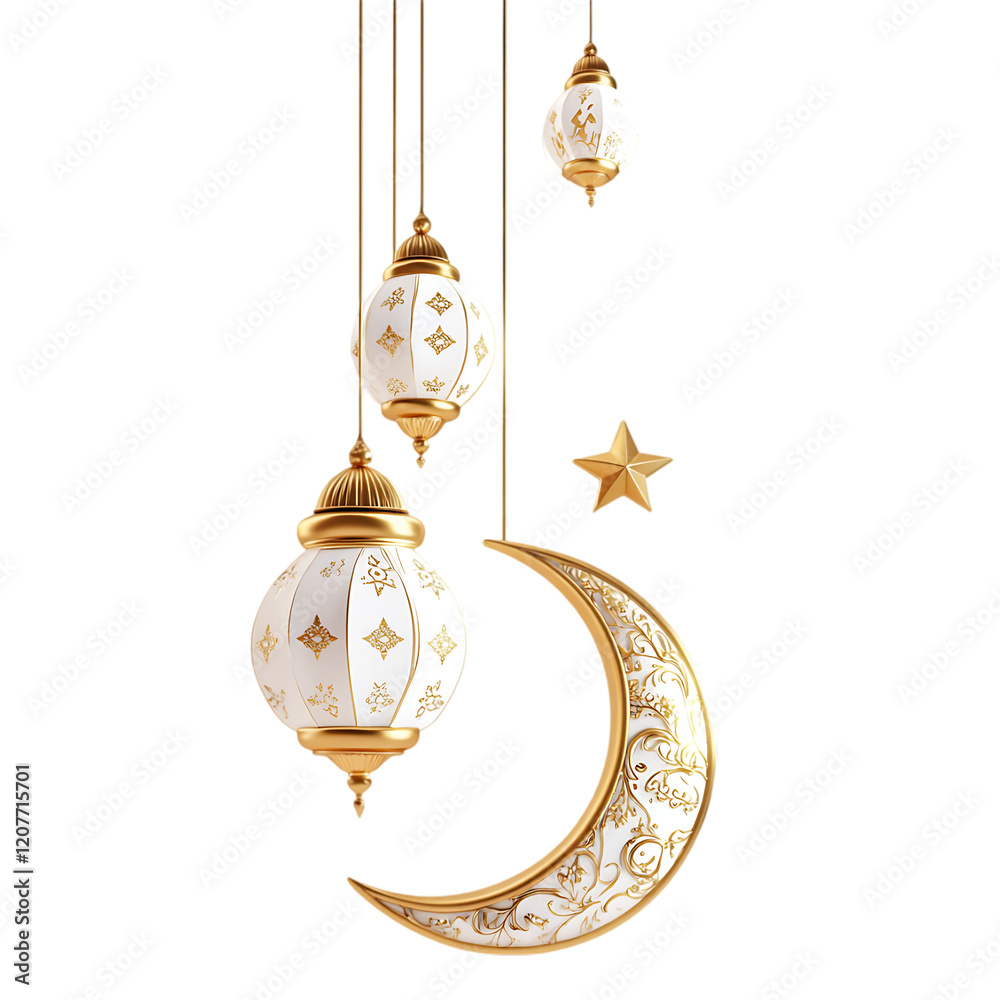 Golden lantern hanging crescent moon on a transparent background. Ai ...