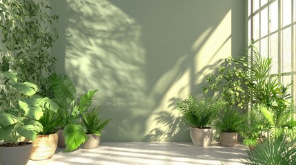 Poster - Home Interior with Lush Green Plants and Natural Light Casting Shadows on Soft Minimalist Decor