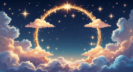 Wall Mural - A dreamy frame of glitter clouds and stars softly glowing in a circle