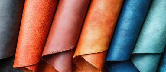 Poster - Vibrant Collection of Leather Textures in a Tailoring Atelier Featuring Warm Earthy Tones and Cool Blue Hues with Blank Space for Text Placement