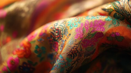 Poster - Vibrant Indian Fabric with Colorful Floral Patterns Draped Elegantly