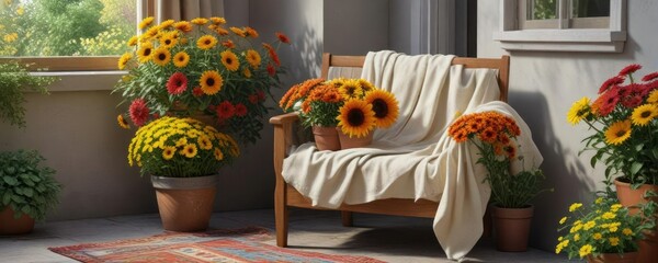 a colorful array of potted mums and sunflowers in a charming garden nook with a soft blanket draped 