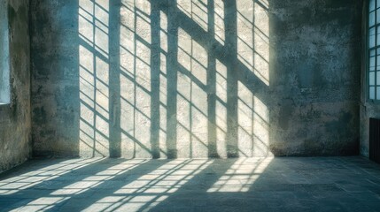 Wall Mural - Light and Shadow Patterns Creating Texture in an Empty Industrial Space with Window Frames and Sunlight on a Concrete Wall