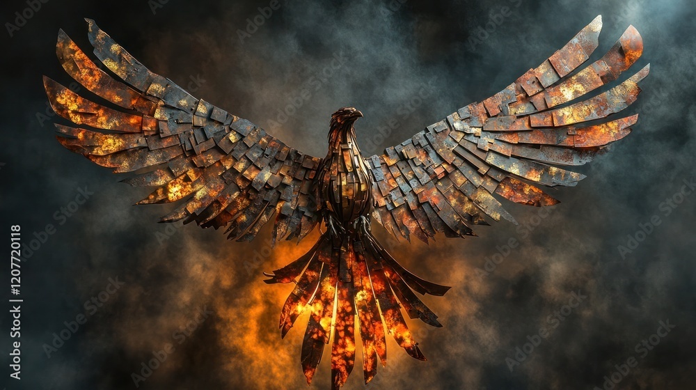 Majestic mythical firebird creature emerging from a fiery inferno its ...