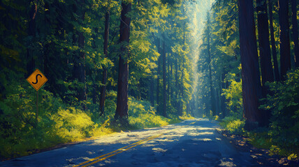 Wall Mural - tranquil redwood national forest road surrounded by towering ancient trees.