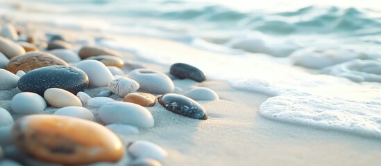 Poster - Multicolored smooth stones on white sandy beach with gentle ocean waves and tranquil water background, clear space for text, serene coastal atmosphere