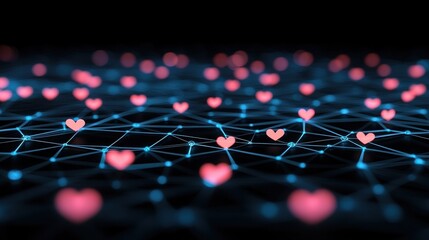Poster - A digital landscape featuring interconnected blue lines with floating pink hearts, symbolizing love and connection in a tech-savvy world.