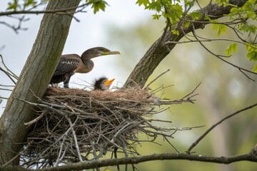 a mother bird building her nest in the crook of a tree, nesting site, branches, trees, outdoors
