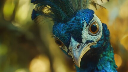 Poster - Vibrant Indian Peafowl close up with intricate feather details and soft bokeh background showcasing its stunning colors and unique features
