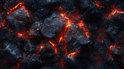 Poster - Industrial volcanic rock background with glowing black coal texture and fiery red cracks for dynamic design elements and projects.