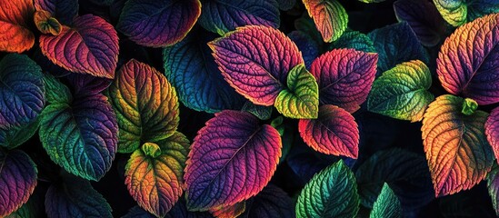 Poster - Vibrant multi-colored Homalomena leaves with textured green surfaces set against a dark background ideal for aesthetic wallpapers and design graphics.