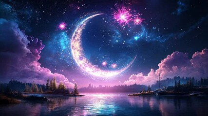 Wall Mural - enchanted night sky with crescent moon and vibrant fireworks
