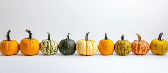 Canvas Print - Vibrant autumn pumpkins collection on white background with bokeh effect perfect for harvest holiday marketing and seasonal promotions