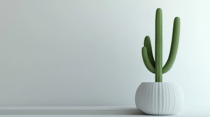 Wall Mural - Green cactus in modern white pot against bright minimalist background showcasing empty space for decor and text, ideal for home design themes.