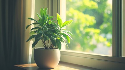 Poster - Serene Home Office with Natural Light and Potted Plant Enhancing the Relaxing Workspace Atmosphere