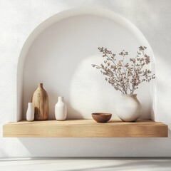 Aufkleber - elegant wooden shelf against a textured white wall showcasing ceramic vases and dried flowers in a m